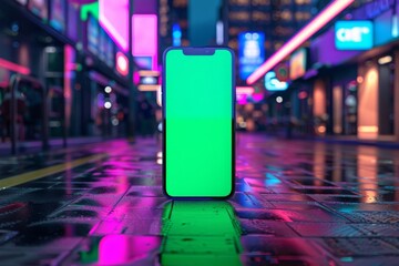 A cellular phone with a green screen on a wooden table isolated from a colorful background