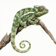 Obraz premium Languid chameleon on a branch, tail coiled, eyes looking independently, in a sketch on a white background. 