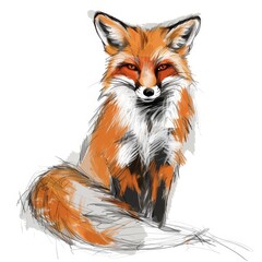 Obraz premium Sly fox with a bushy tail, depicted with sharp, cunning eyes in a hand-drawn sketch on a white background. 