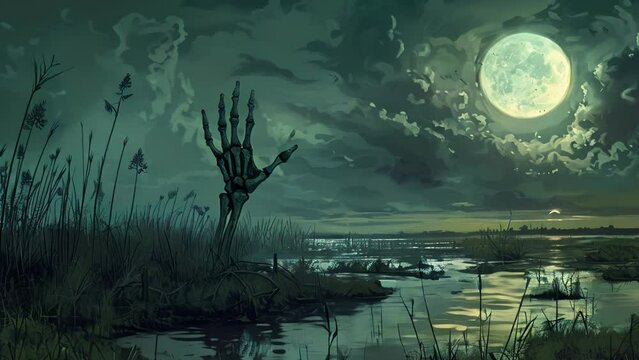 The moon casts an otherworldly glow over the marsh revealing a skeletal hand reaching up from the murky water fingers grasping for soing unseen.