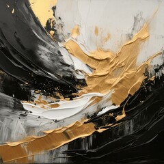 Abstract and minimalist oil painting background with copy space. Black white and golden oil paint smears. Old classic and modern style