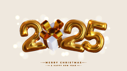 Happy New Year 2025! Realistic 3D rendering of the figures, complemented by gold gift box ribbons and Christmas decorations. This is the perfect celebratory sign for your 2025 celebrations.