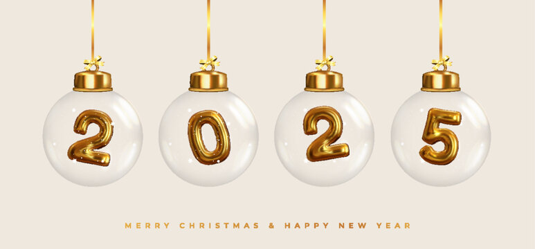 Happy New Year 2025! Golden numbers inside glass Christmas balls hanging on ribbon. Realistic 3D image of metal sign. Celebrating 2025 party. Christmas poster, web banner, site header.