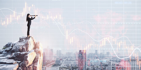 Person with a telescope on a rocky peak, financial graphs overlaid, cityscape background, concept of future market vision. Generative AI
