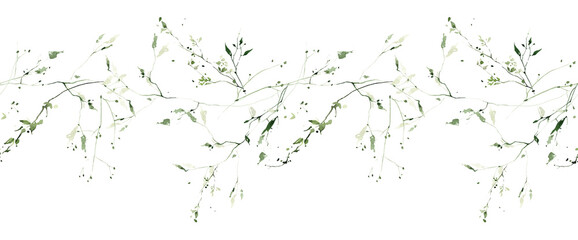 Watercolor painted meadow greenery seamless frame on white background. Green wild plants, branches, leaves and twigs.