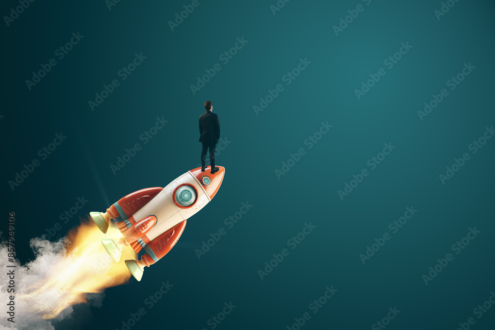 Poster a person stands on a rocket in flight against a dark teal background, embodying the concept of ambit