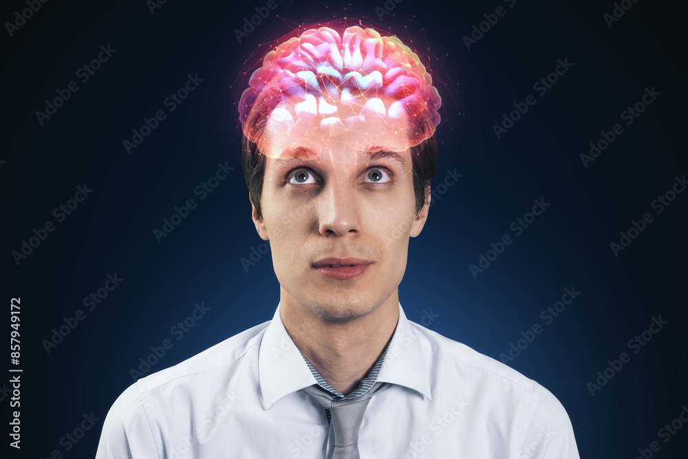 Poster a man in a shirt with a glowing brain overlay on a dark background, symbolizing intelligence or brai