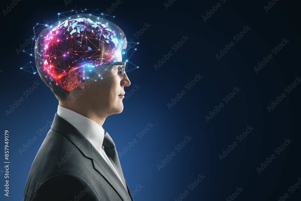 Aufkleber Man in a suit with a digital brain overlay on a dark background, symbolizing technology and intelligence. Generative AI