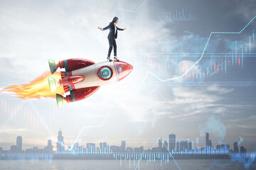 A businesswoman surfing on a rocket over a city skyline with financial graphs, digital backdrop, concept of success and innovation. Generative AI