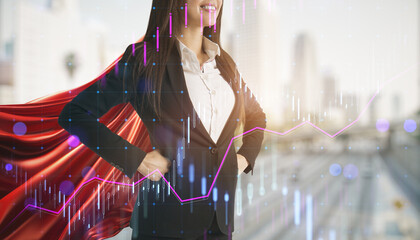 A composite image with a confident businesswoman and superimposed financial graphs on an urban background, representing the concept of leadership and success. Generative AI
