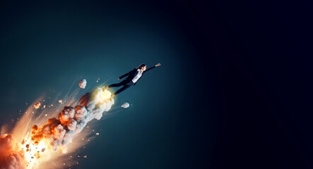 A person soaring through the air with a fiery explosion propelling them, against a dark blue background, concept of power. Generative AI