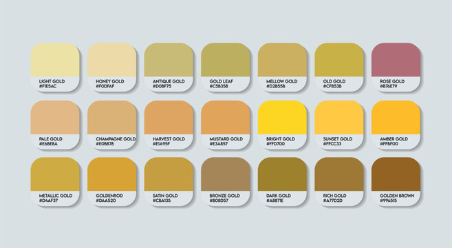 Gold Color Palette, Gold Color Guide Palette with Color Names. Catalog Samples of Gold with RGB HEX codes and Names. Fashion Trend Gold Colour Palette Vector. Paint, Fruit Golds Colors with yellow