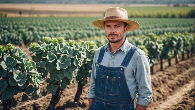 A young farmer in denim overalls and a straw hat stands in front of a row of green plants