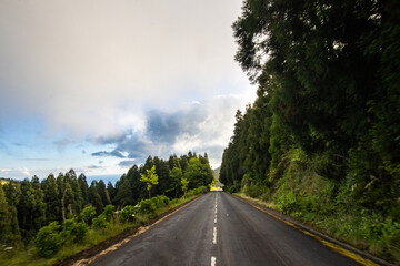 Fototapeta premium A straight road through dense forest with patches of blue sky and clouds in the distance.
