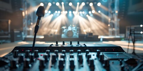 Live stage production with rigging lighting and PA systems in a venue. Concept Stage Lighting, Sound Systems, Venue Set-up, Rigging Equipment, Live Production