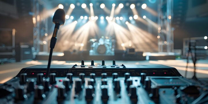 Live stage production with rigging lighting and PA systems in a venue. Concept Stage Lighting, Sound Systems, Venue Set-up, Rigging Equipment, Live Production