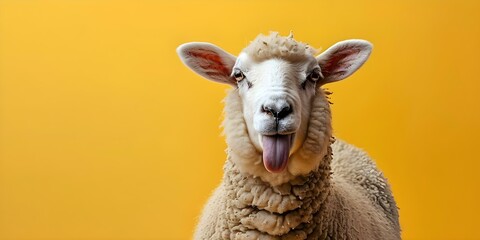 Obraz premium Cheerful Sheep Sticking Out Tongue and Making a Funny Face in Yellow Color. Concept Funny Animal Portraits, Sheep Expressions, Yellow Aesthetics