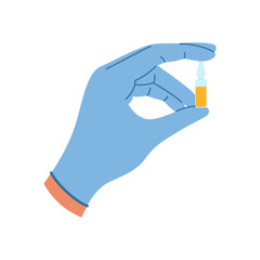 Doctor hand in rubber glove holds ampoule with serum for injection