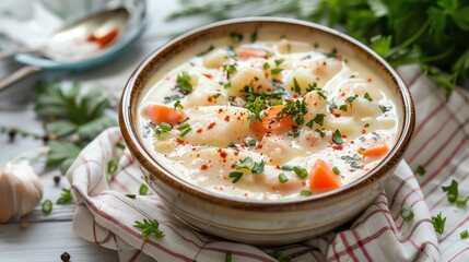 A bowl of hearty Norwegian fish soup with chunks of cod