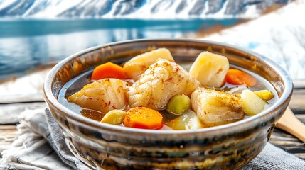 A bowl of hearty Norwegian fish soup with chunks of cod