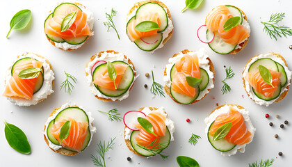 Tasty canapes with salmon, cucumber, radish and cream cheese isolated on white, top view