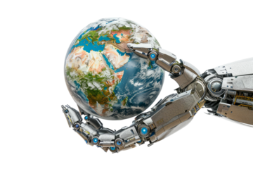 Earth globe supported by robotic arms, white background, environmental protection