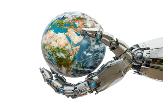 Earth globe supported by robotic arms, white background, environmental protection