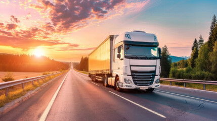 Obraz premium Truck road sunset. Freight transportation concept. Logistic vehicle driving highway, cargo delivery. fast industry trucking transport. Commercial automobile heavy traffic, large container. Business.