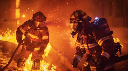 Fototapeta premium Fireman,Firefighter training Firefighters using water and fire extinguishers to fight the flames in emergency situations. in a dangerous situation All firefighters wear firefighter uniforms for safety