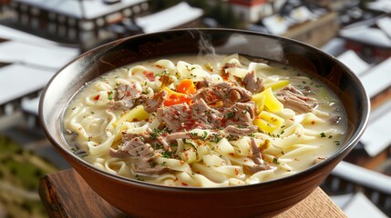 A bowl of Tibetan thukpa with noodles, vegetables, and meat, served in a traditional bowl, photographed with a backdrop of a snowy Tibetan monastery