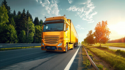 Obraz premium Big yellow truck on the highway at sunset. Colorful of logistic industry in motion, delivering freight with speed and urgency. Concept of transportation, trucking, and business.