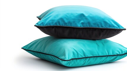 vibrant turquoise cushions with smooth rayon texture from polyhaven and black details, bold silhouette, minimalist look fun pose, clean white background, in clean studio lighting, product photography