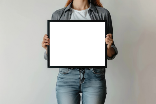 beautiful woman in jeans holding picture frame isolated