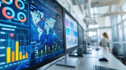 Futuristic modern computer screen with business charts graphs it. Global network connection interface financial investment information. Abstract technology corporate communication, marketing analysis