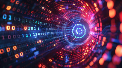Fototapeta premium Digital binary code in cyberspace. Abstract technology communication, computer network information motion, connection in global science light. Modern coding future, futuristic programming, tech web
