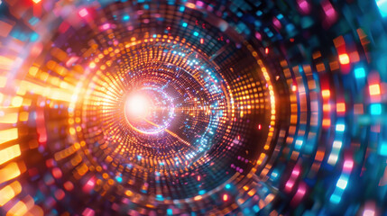 Fototapeta premium Abstract colorful background with glowing particles. Of futuristic neon light effects, modern space fantasy, and particle motion technology.