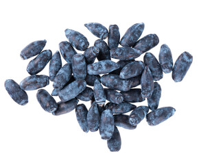 Honeysuckle isolated on white background. Fresh honeysuckle blue berry fruits. Clipping path. Top view.