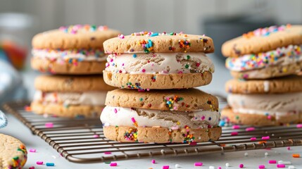 Making ice cream sandwiches with homemade cookies and sprinkles