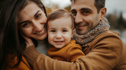 Portrait of happy family in autumn park. Mother, father and daughter together, smiling and bonding in joyful outdoor fun. Caucasian parents and child embracing love and togetherness.