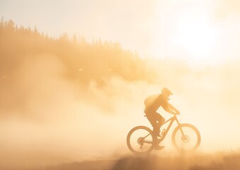 Mountain Biker Riding Through Misty Forest Trail at Sunrise During Golden Hour