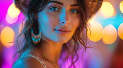 Obraz premium woman at a boho party, portrait, vibrant, professional light, close up, High - sharpness, sharp focus, soft light, bright