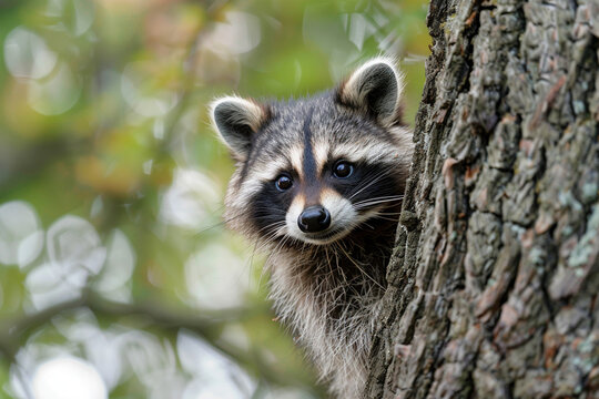 Waschb&auml;r hinter Baum