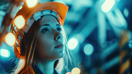 Portrait female construction worker wearing safety helmet and reflective vest. Confident young woman engineer standing industrial site, examining project with professional leadership.