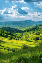 Fototapeta premium A panoramic view of the beautiful countryside on a sunny afternoon. landscape wonderful springtime scenery in the mountains, with a grassy field and rolling hills, a picturesque rural scenery.