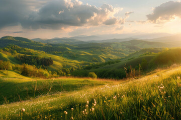Fototapeta premium A panoramic view of the beautiful countryside on a sunny afternoon. landscape wonderful springtime scenery in the mountains, with a grassy field and rolling hills, a picturesque rural scenery.
