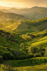 Fototapeta premium A panoramic view of the beautiful countryside on a sunny afternoon. landscape wonderful springtime scenery in the mountains, with a grassy field and rolling hills, a picturesque rural scenery.