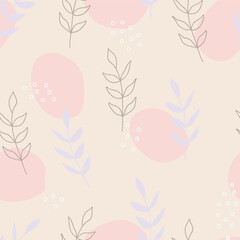Vector simple seamless pattern with twigs and pink abstract spots on beige background. For wallpapers and decor, invitation card, fabric print or textile, linen, web page background, wrapping paper.