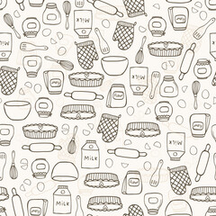 Vector seamless pattern with hand drawn food and kitchen items in doodle style on beige background. For fabric, kitchen textile, towel print, cover of cooking book, packaging design, template labels.