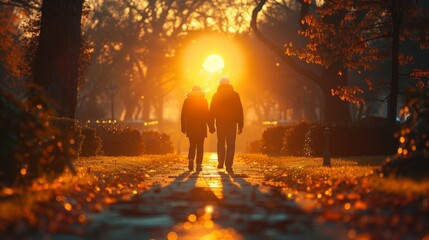 Fototapeta premium Elderly Couple Walking at Sunset. Elderly couple walking hand in hand through a park at sunset, surrounded by autumn leaves and golden light.