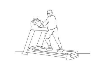 One continuous line drawing of people running on treadmill sport center. Sports minimalist concept. Single line draw design vector illustration